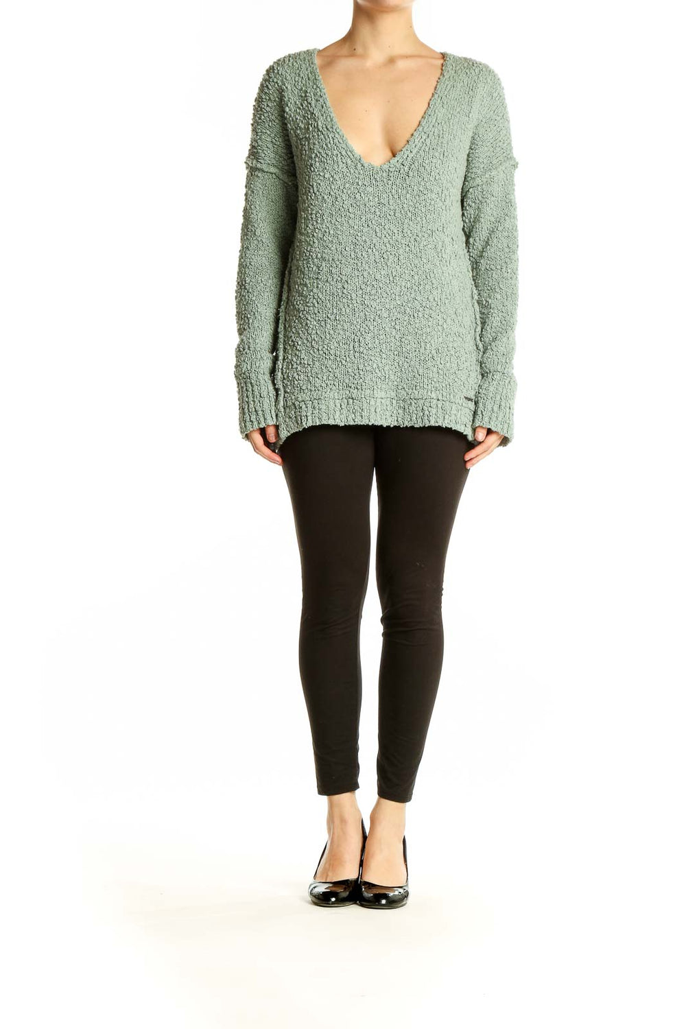 Front view of sage green textured V-neck sweater from Abercrombie & Fitch