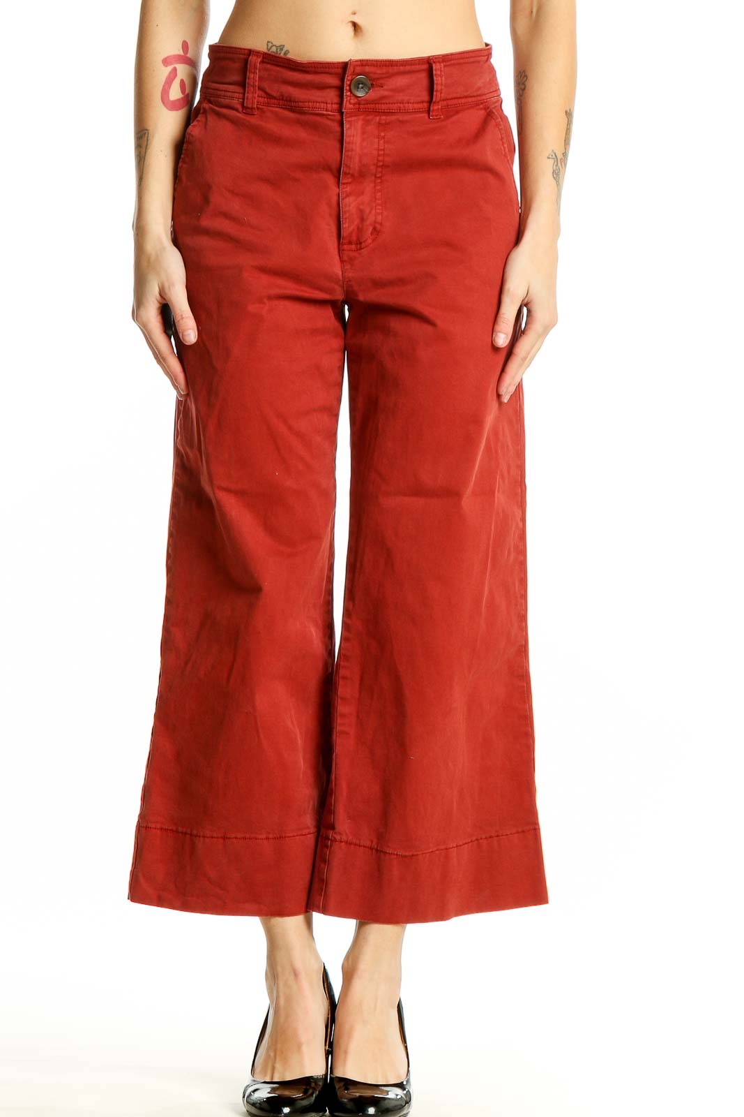 Front view of Lucky Brand red wide-leg pants with high waist