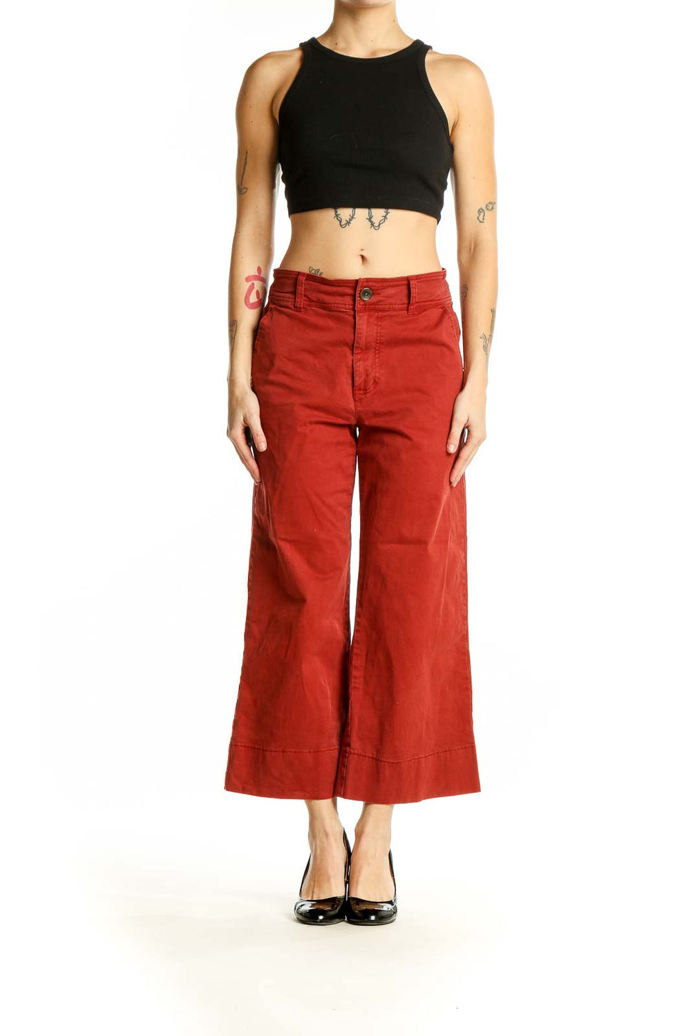 Front view of Lucky Brand red wide-leg pants with high waist