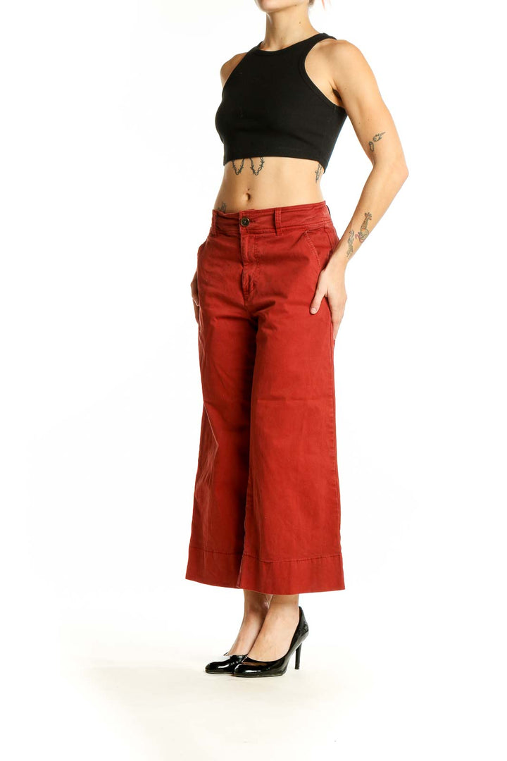 Front view of Lucky Brand red wide-leg pants with high waist