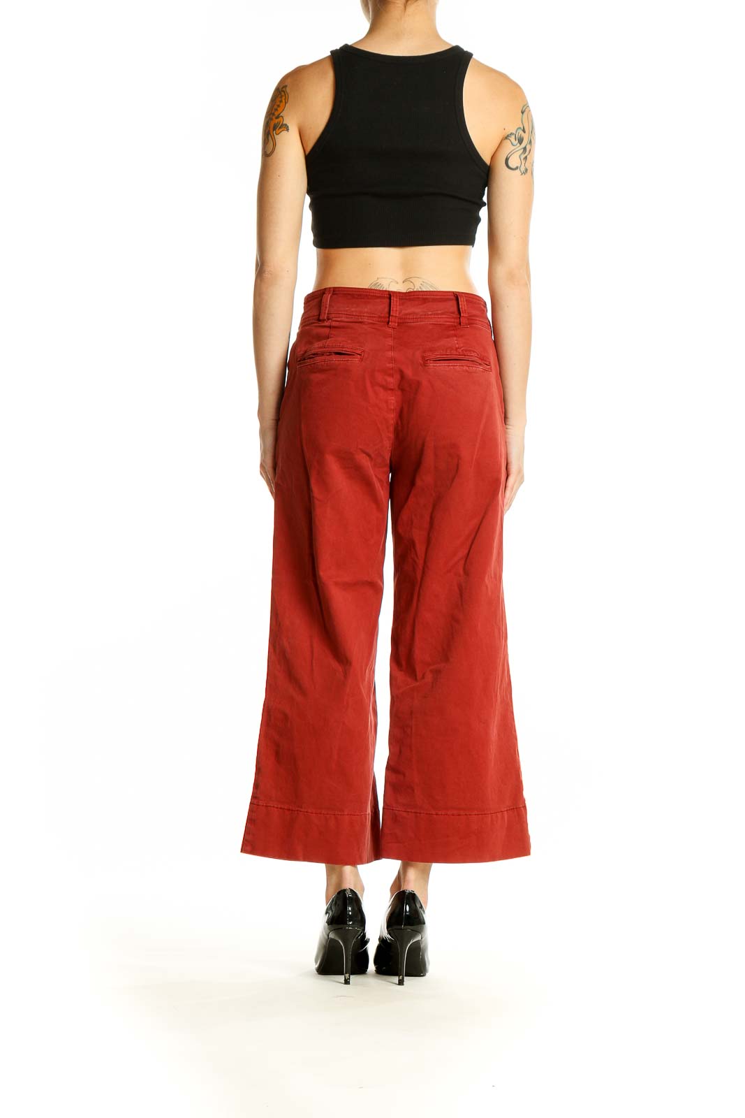 Side view of Lucky Brand red wide-leg pants on model