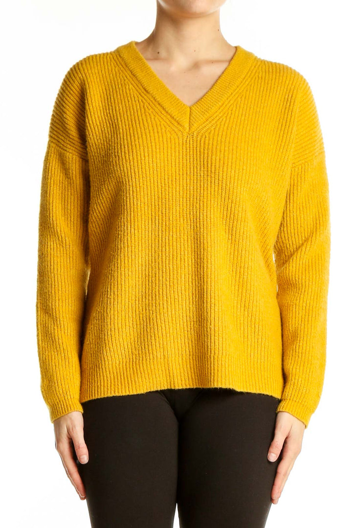 Front view of Harper Lane yellow V-neck ribbed knit sweater