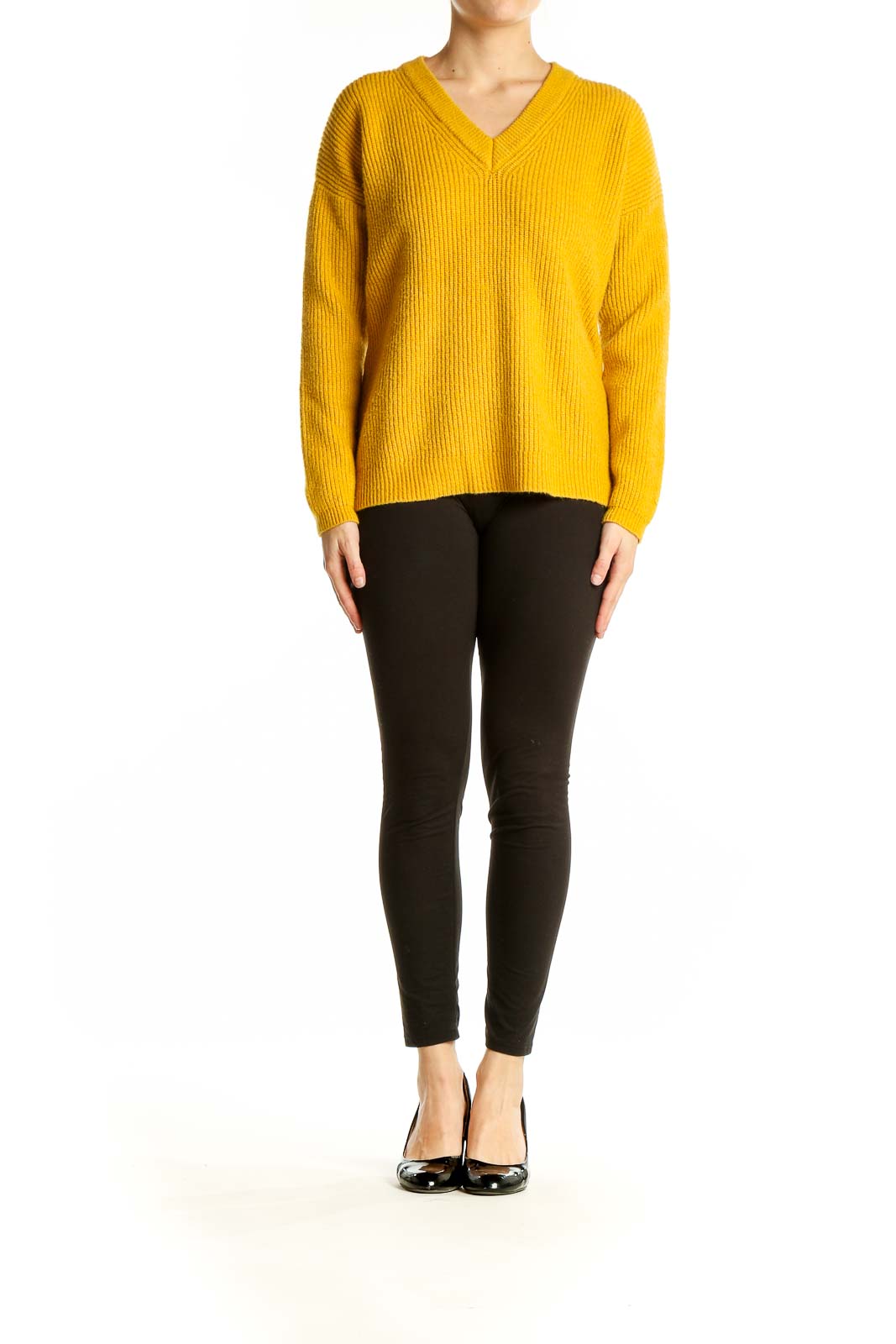 Front view of Harper Lane yellow V-neck ribbed knit sweater