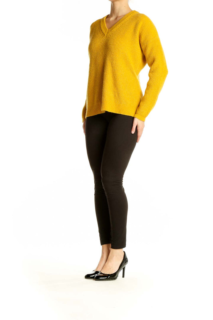 Front view of Harper Lane yellow V-neck ribbed knit sweater