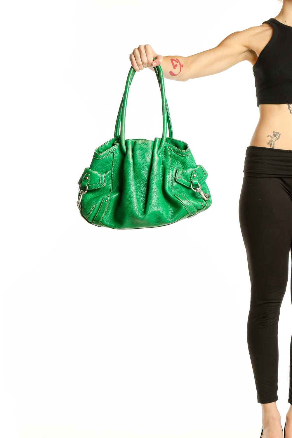 Front view of green Cole Haan leather shoulder bag with silver hardware