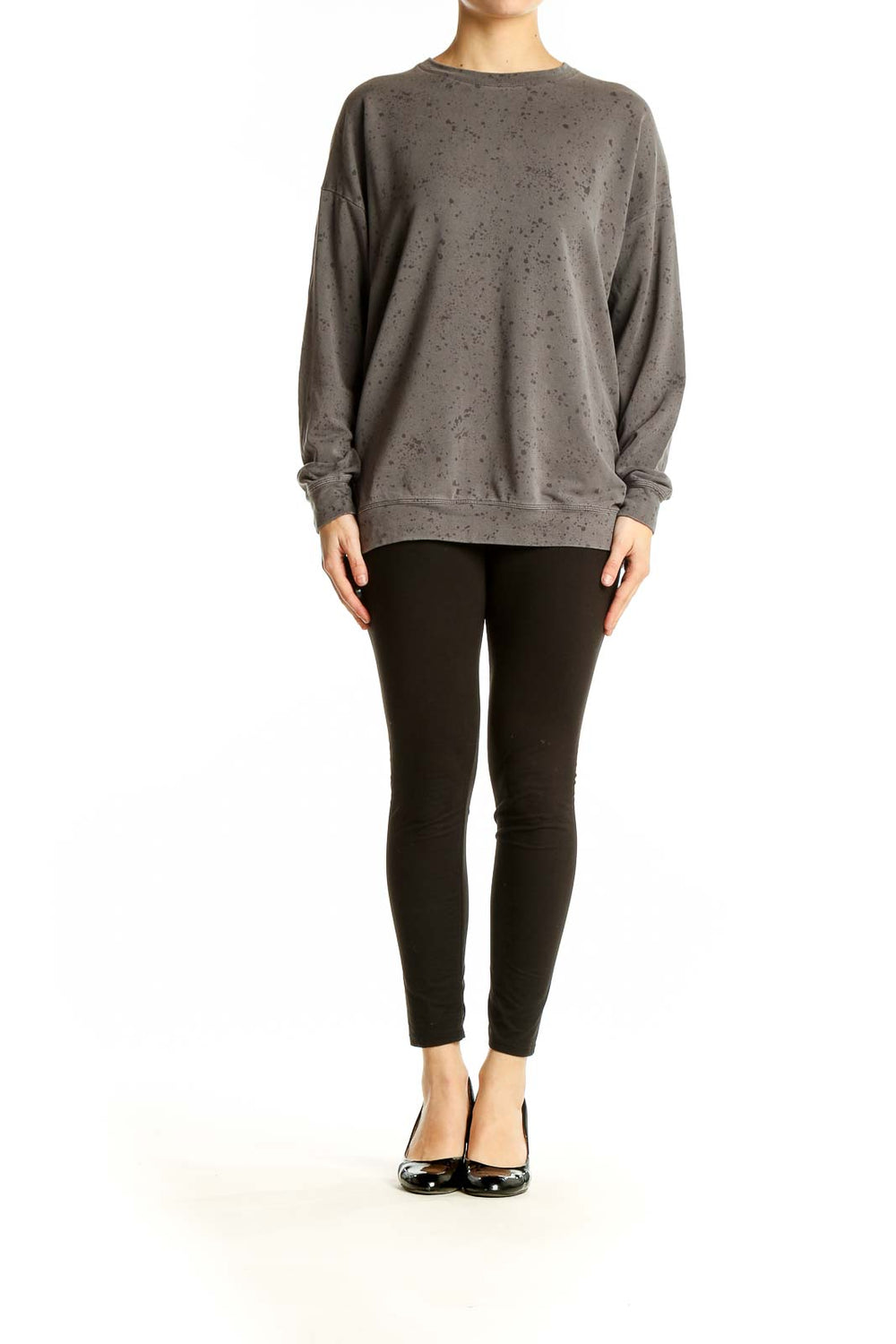 Front view of Athleta gray speckled oversized sweatshirt