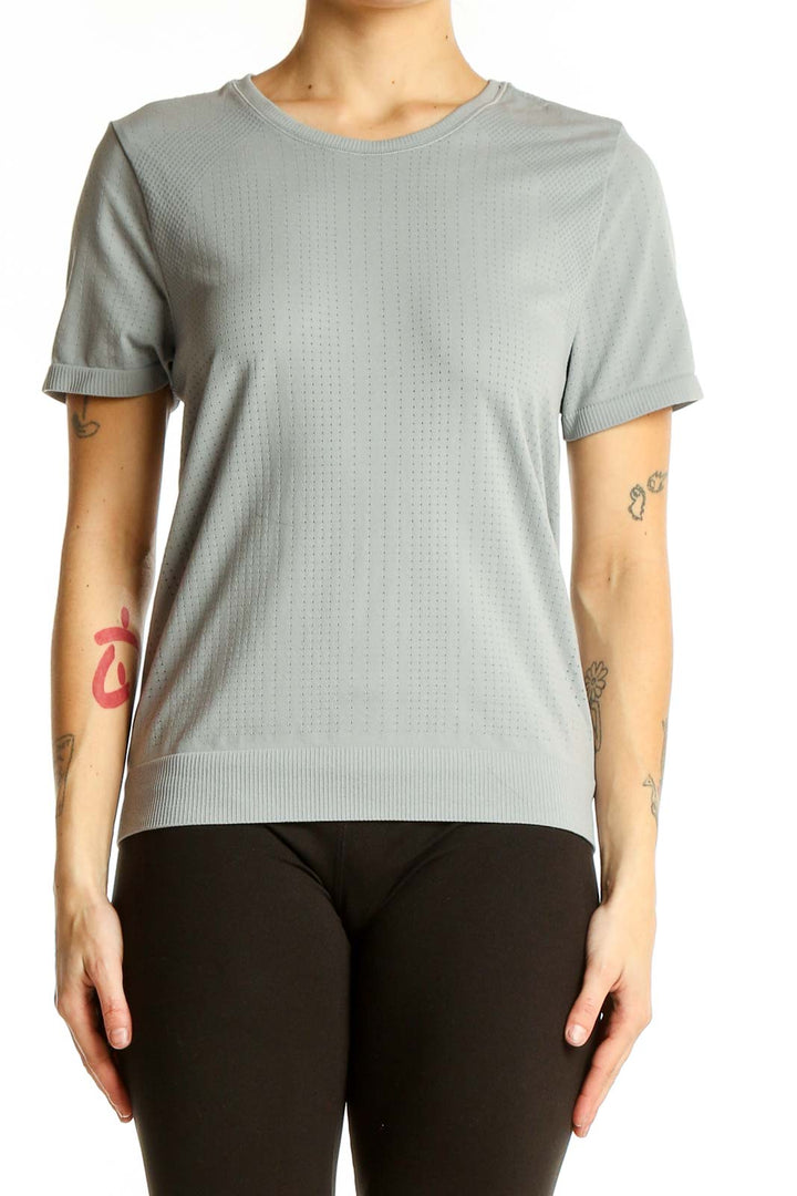 Front view of gray textured Athleta performance short sleeve top