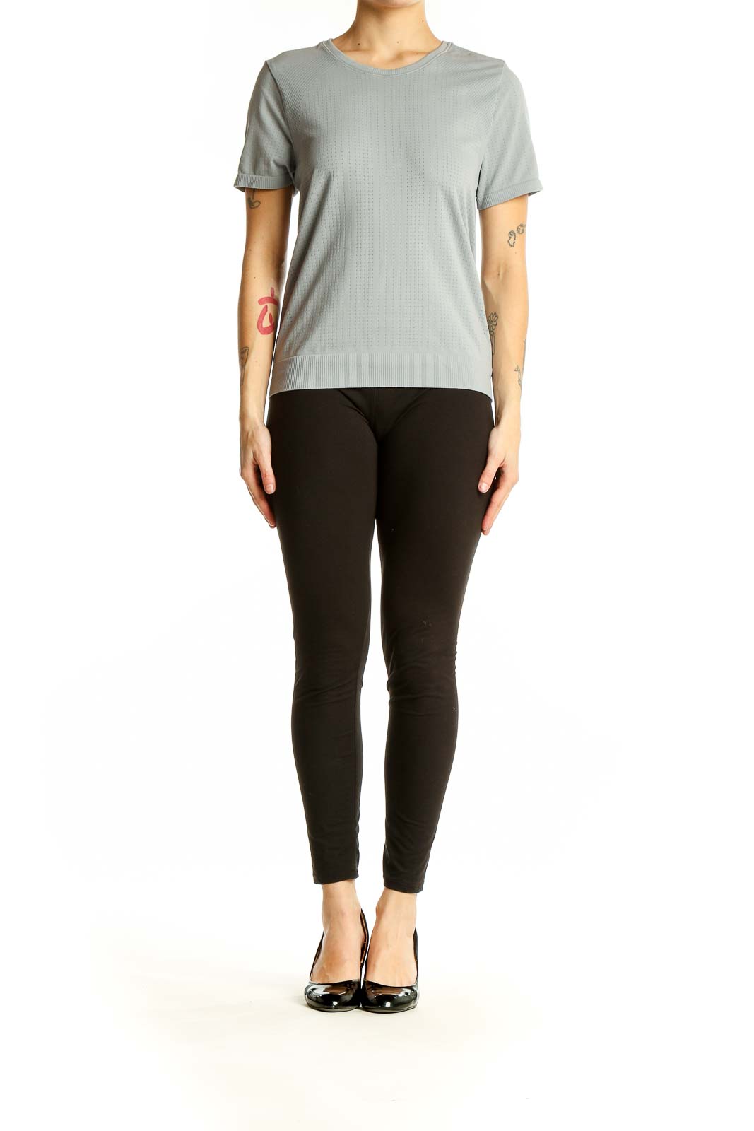 Front view of gray textured Athleta performance short sleeve top