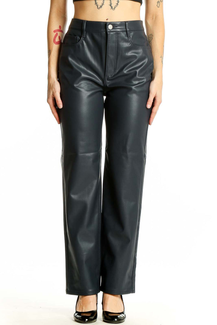 Front view of LOFT black faux leather wide-leg pants on model