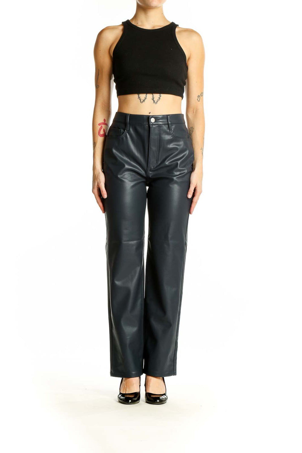 Front view of LOFT black faux leather wide-leg pants on model