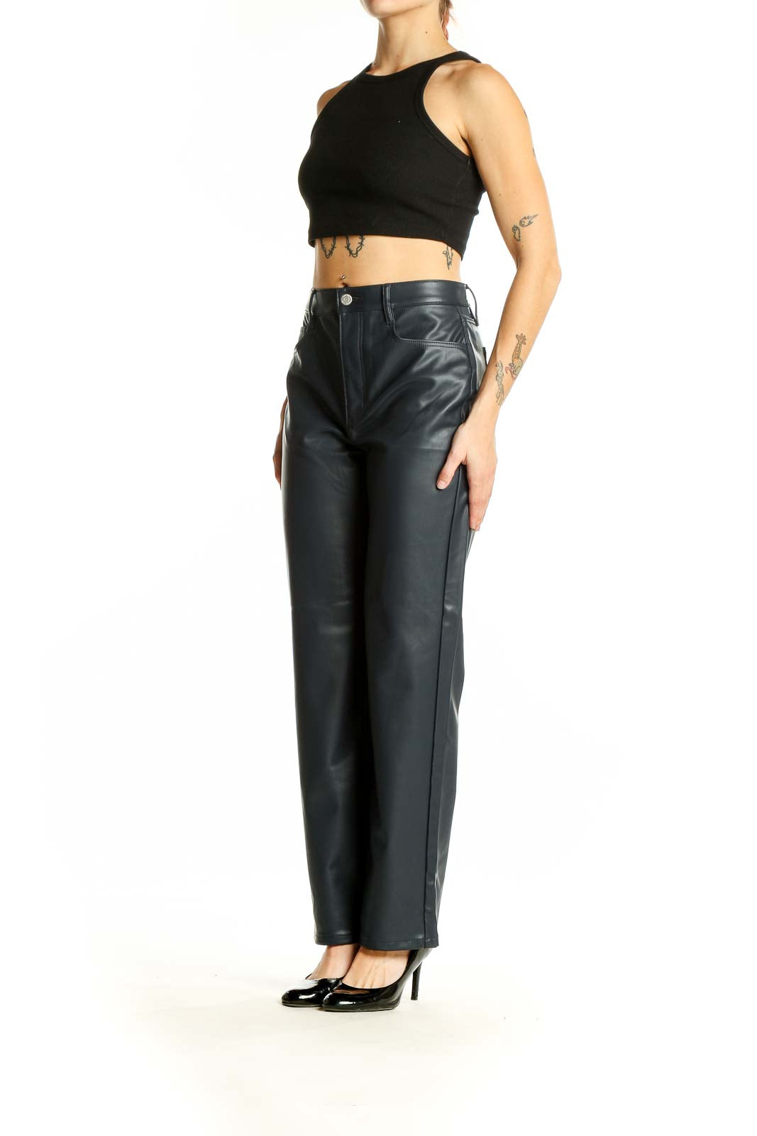 Front view of LOFT black faux leather wide-leg pants on model