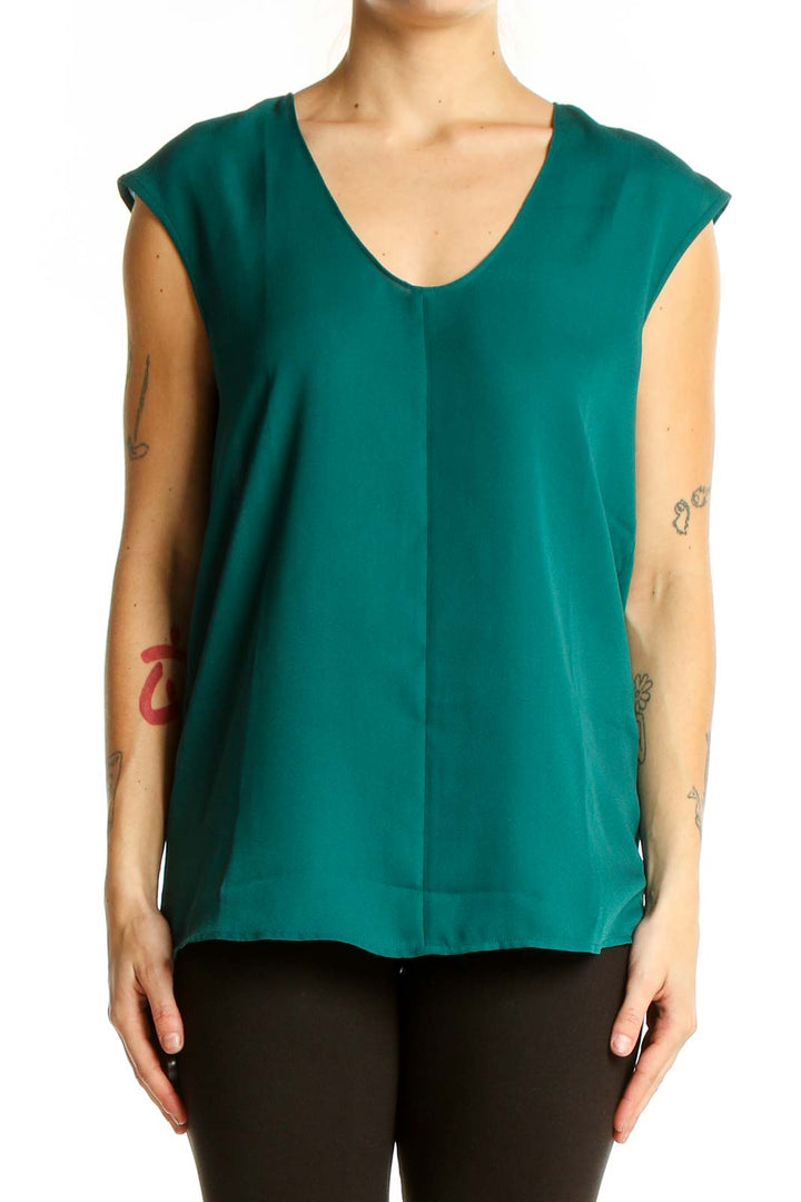 Front view of emerald green sleeveless V-neck blouse by J.Crew Mercantile