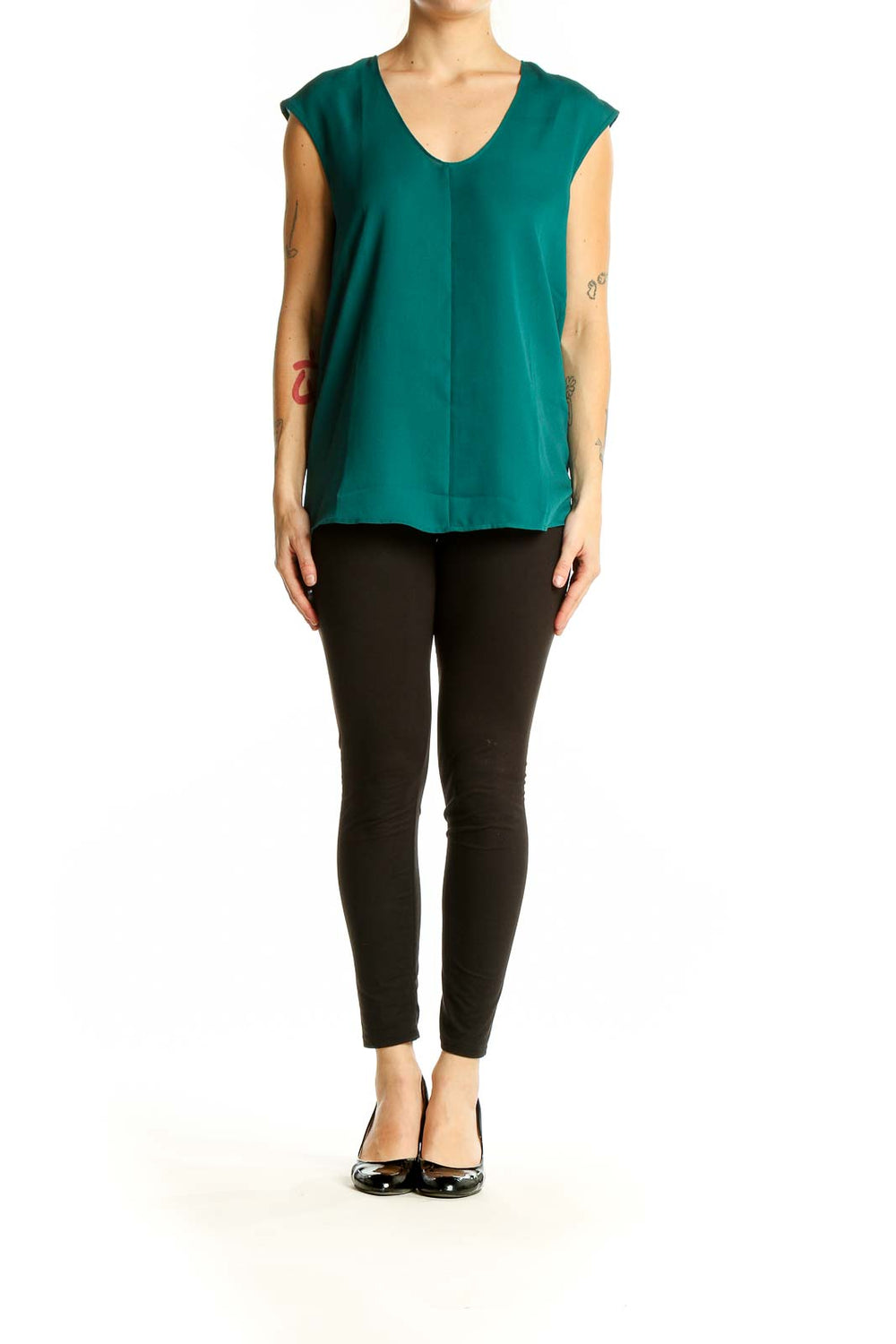 Front view of emerald green sleeveless V-neck blouse by J.Crew Mercantile