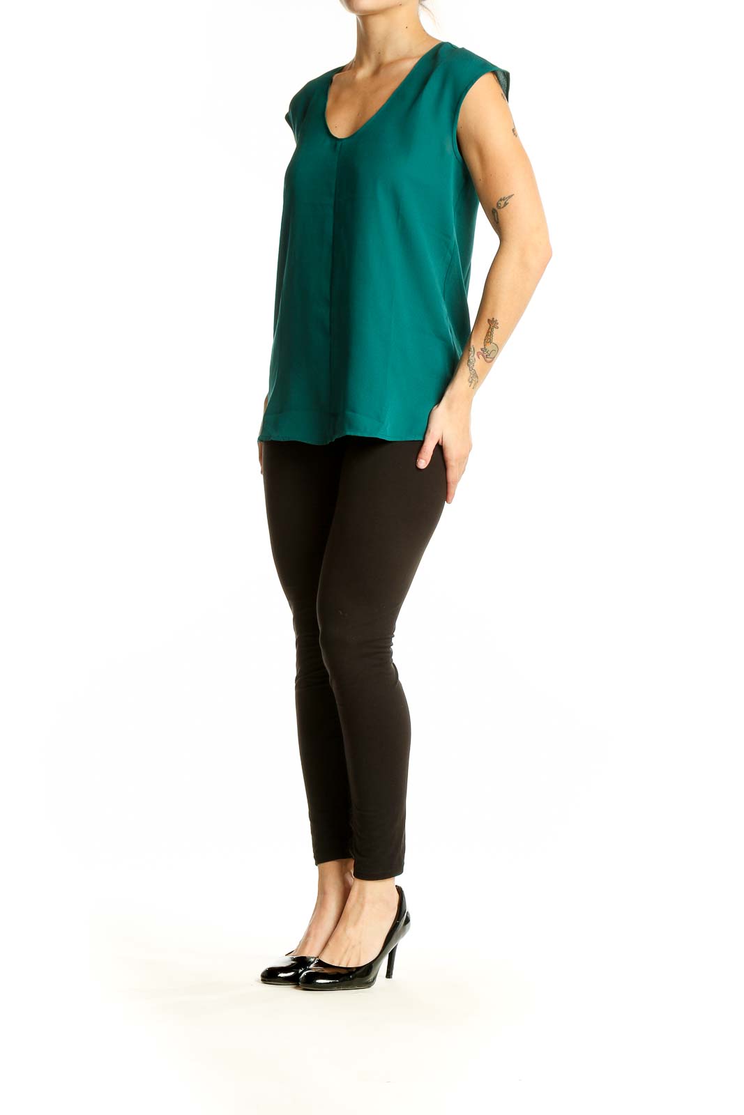 Front view of emerald green sleeveless V-neck blouse by J.Crew Mercantile