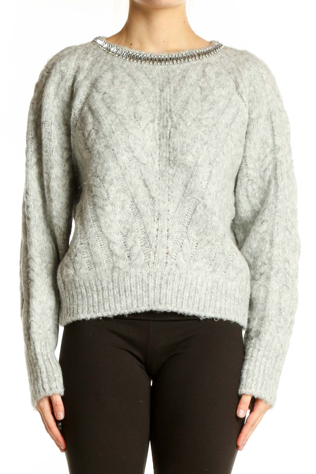 Front view of Express gray cable knit sweater with embellished neckline