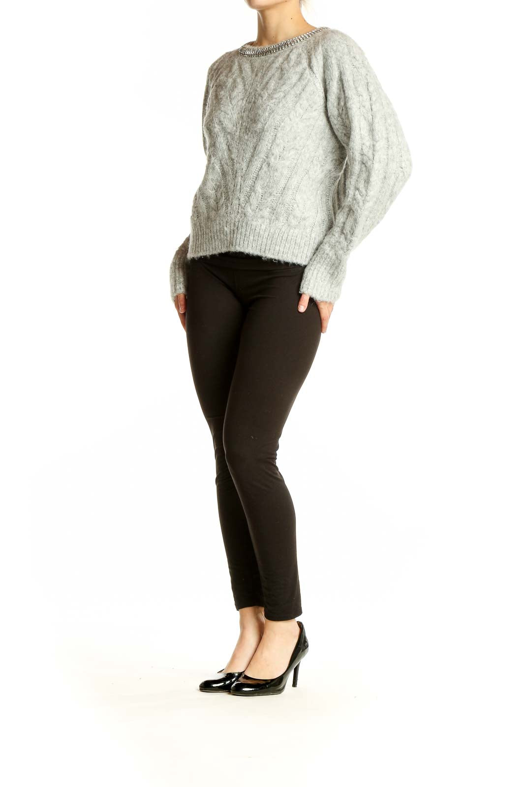 Front view of Express gray cable knit sweater with embellished neckline