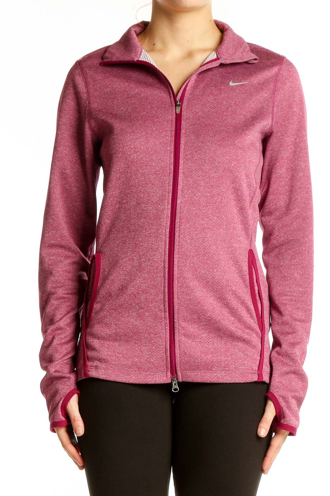 Front view of pink Nike athletic jacket with full-zip closure