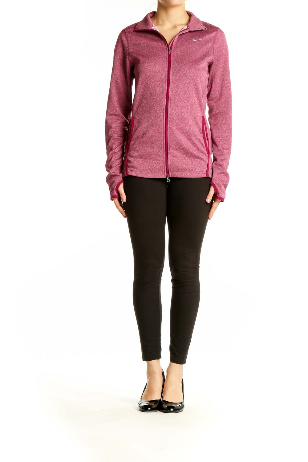 Front view of pink Nike athletic jacket with full-zip closure