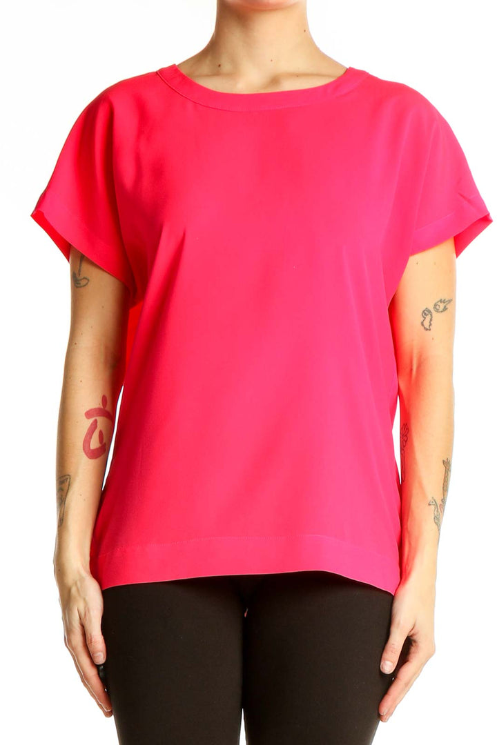 Front view of hot pink short-sleeve blouse from Banana Republic