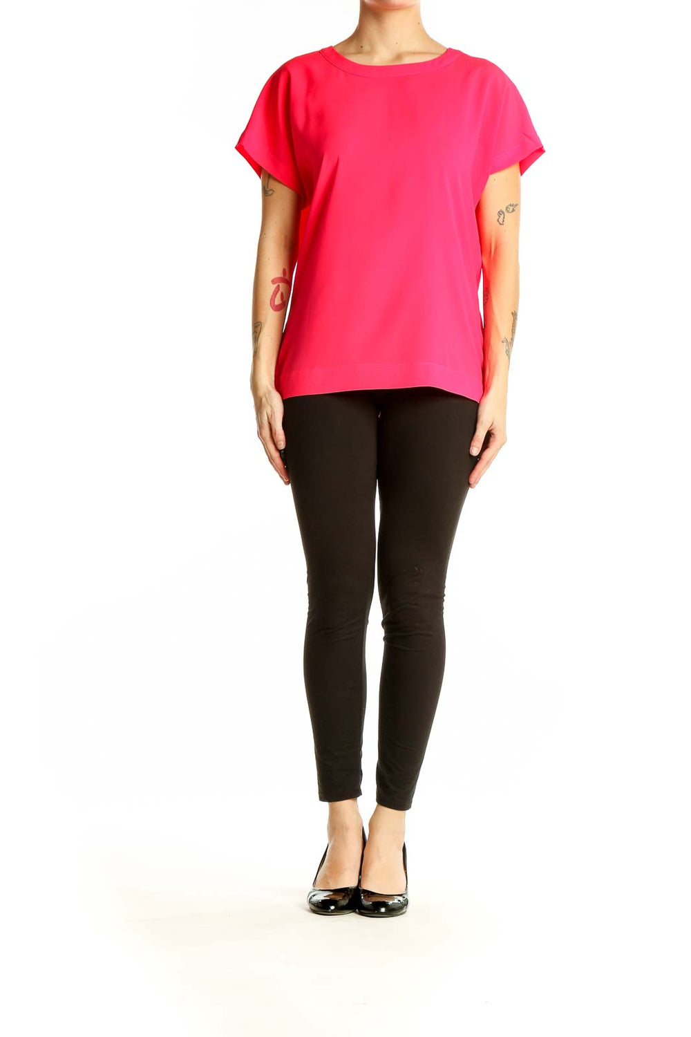 Front view of hot pink short-sleeve blouse from Banana Republic