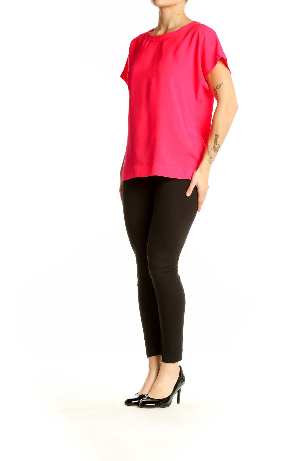 Front view of hot pink short-sleeve blouse from Banana Republic