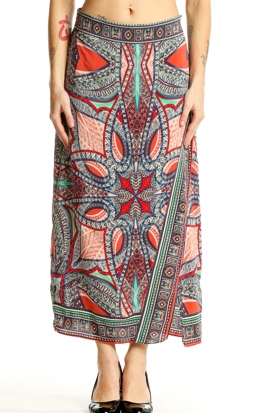 Front view of Maeve multicolor paisley print silk maxi skirt