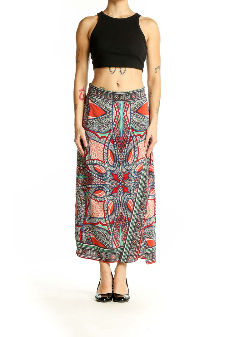 Front view of Maeve multicolor paisley print silk maxi skirt