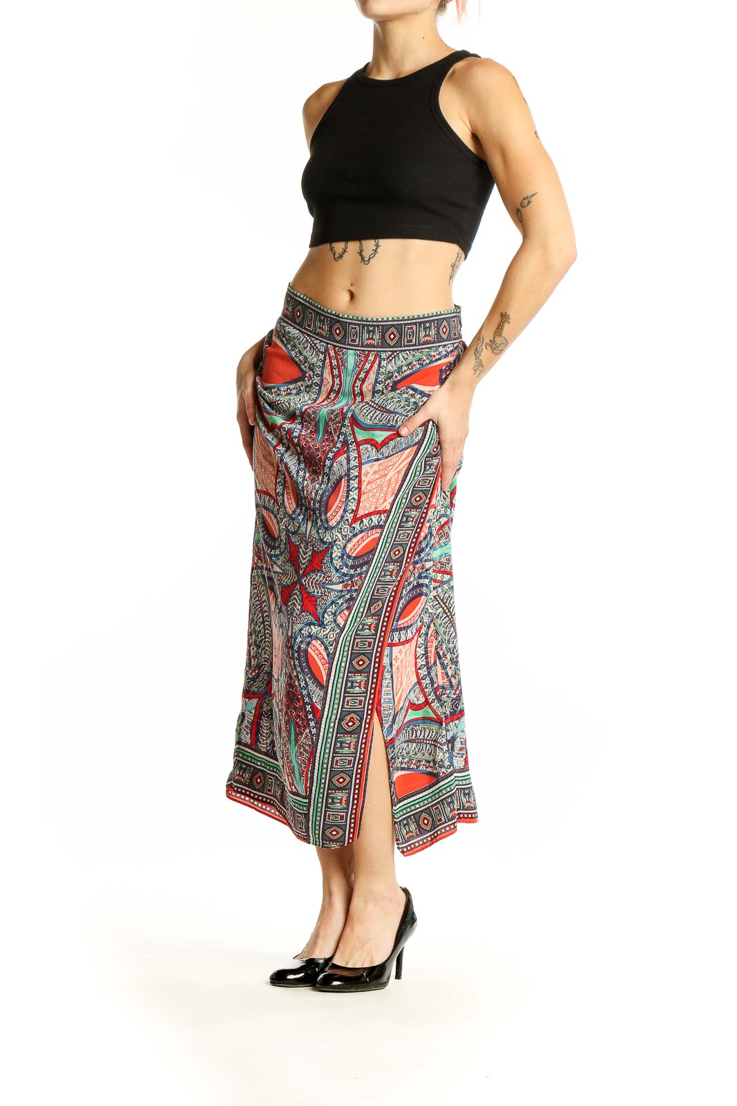 Front view of Maeve multicolor paisley print silk maxi skirt