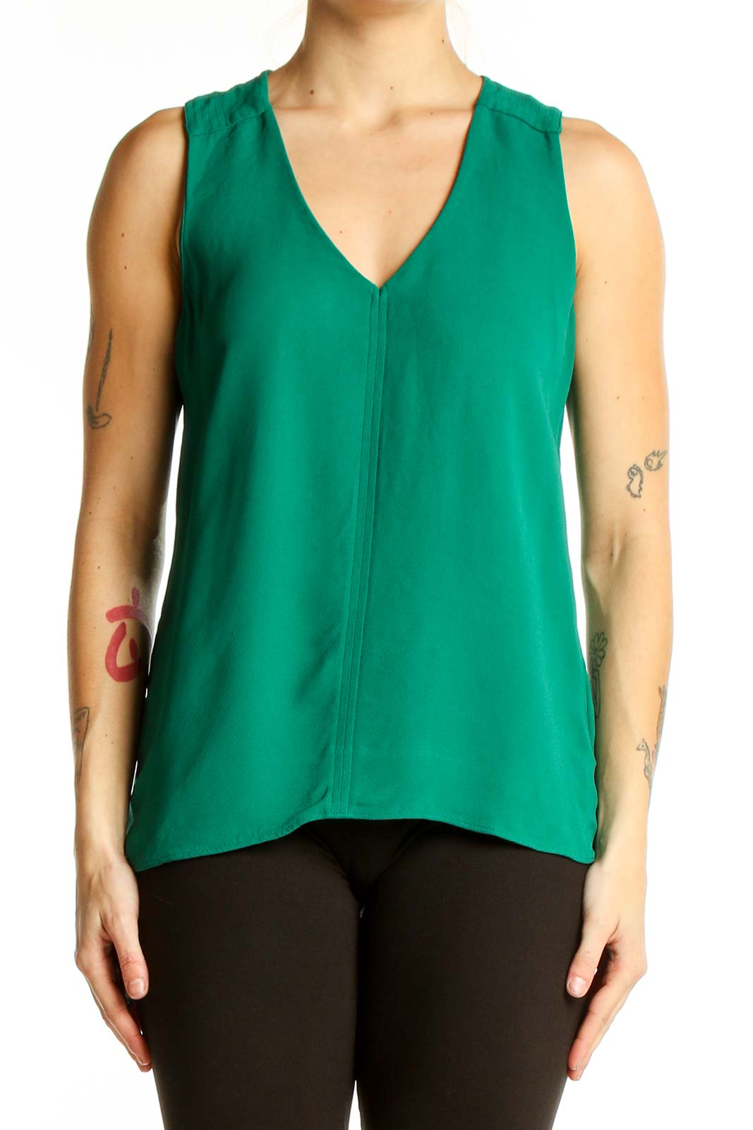 Front view of J.Crew green sleeveless V-neck viscose top