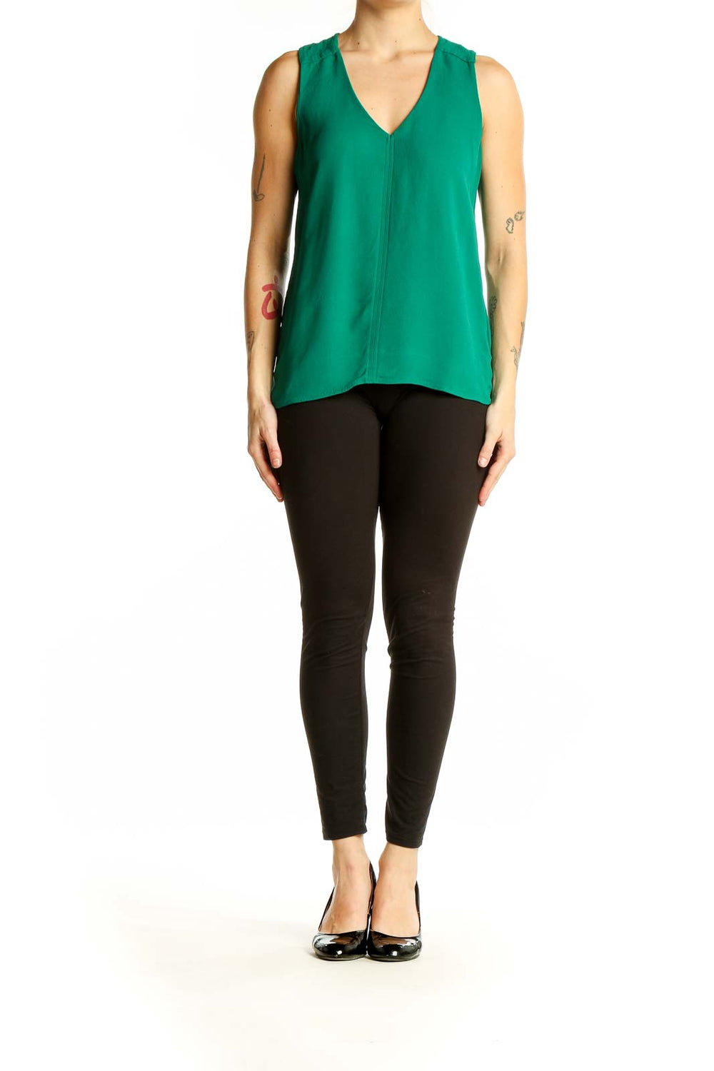 Front view of J.Crew green sleeveless V-neck viscose top