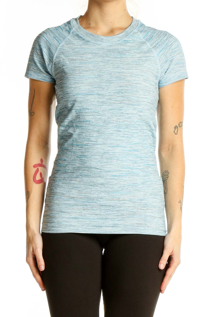 Front view of light blue heathered Athleta athletic t-shirt