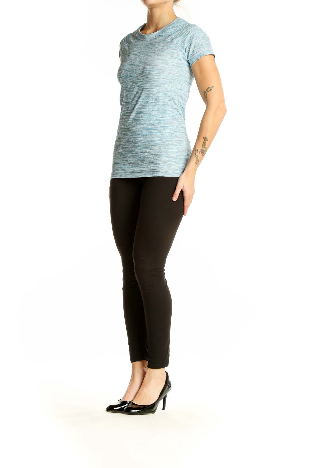 Front view of light blue heathered Athleta athletic t-shirt