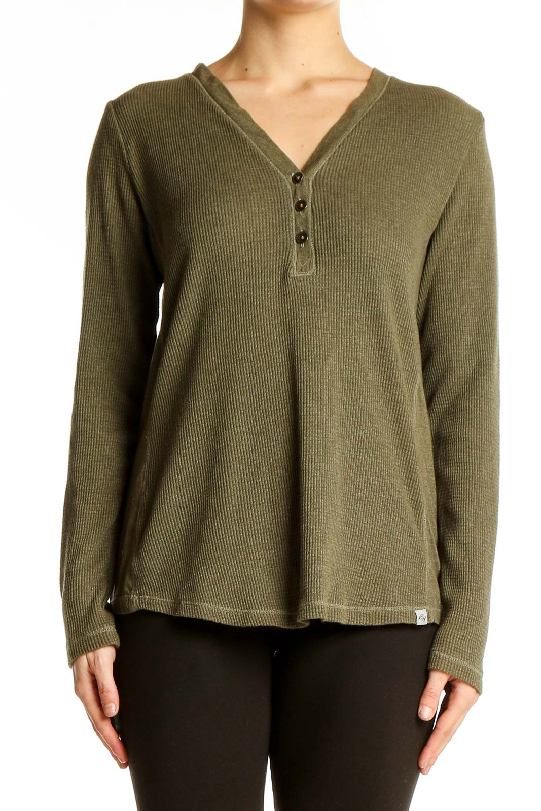 Front view of Eddie Bauer olive ribbed henley long sleeve top