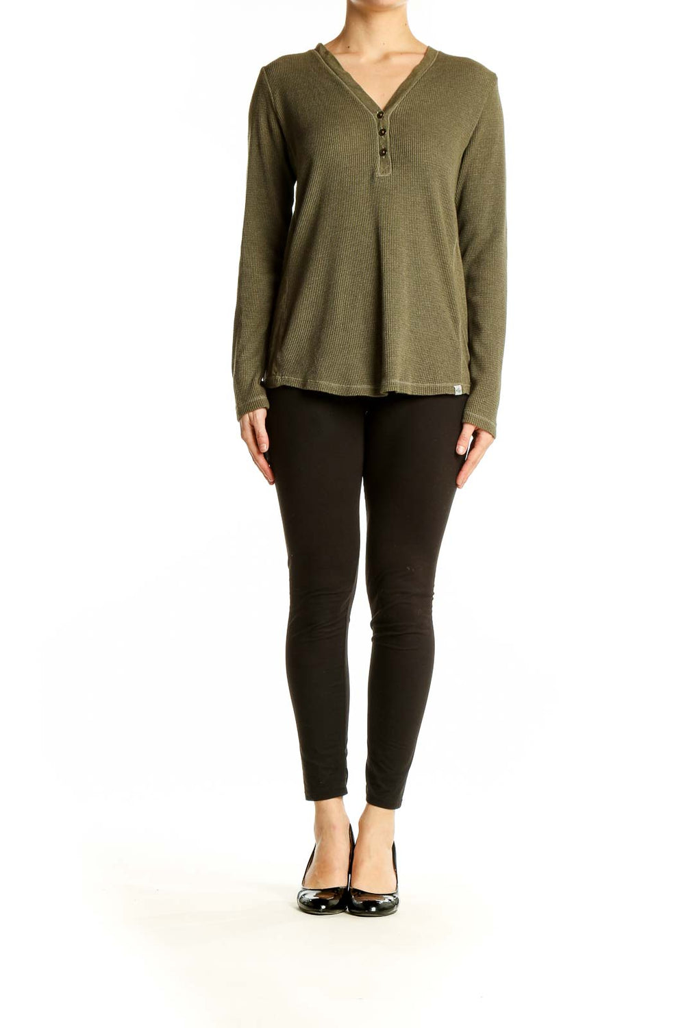 Front view of Eddie Bauer olive ribbed henley long sleeve top