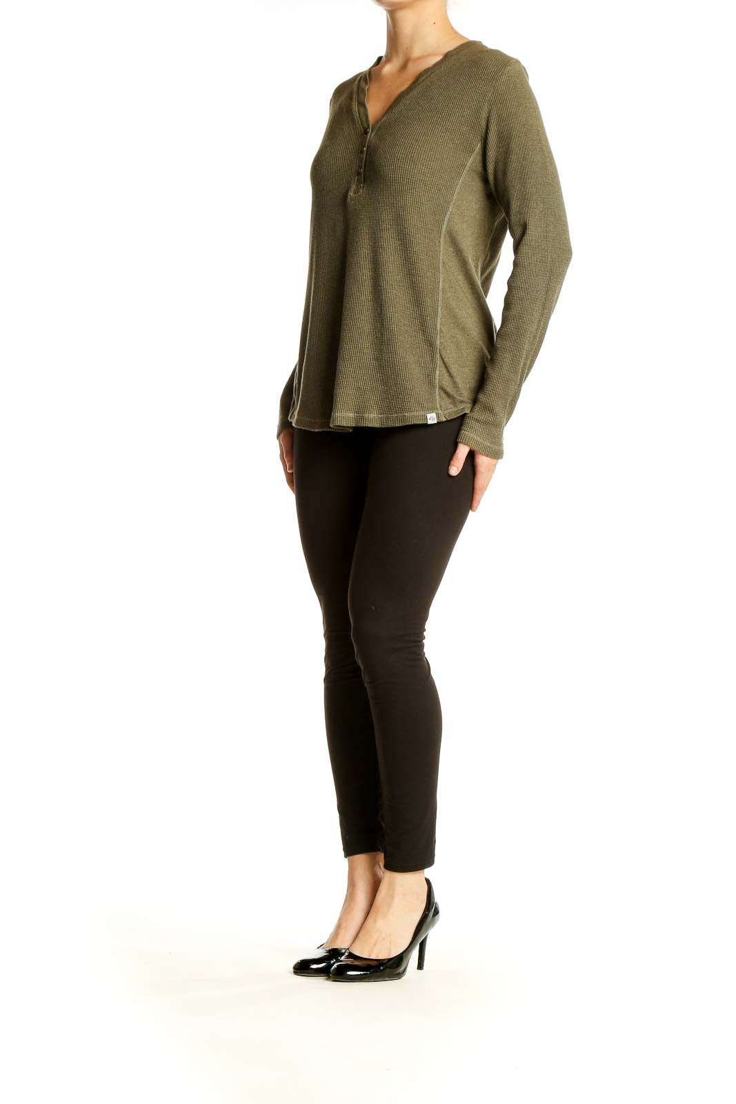 Front view of Eddie Bauer olive ribbed henley long sleeve top