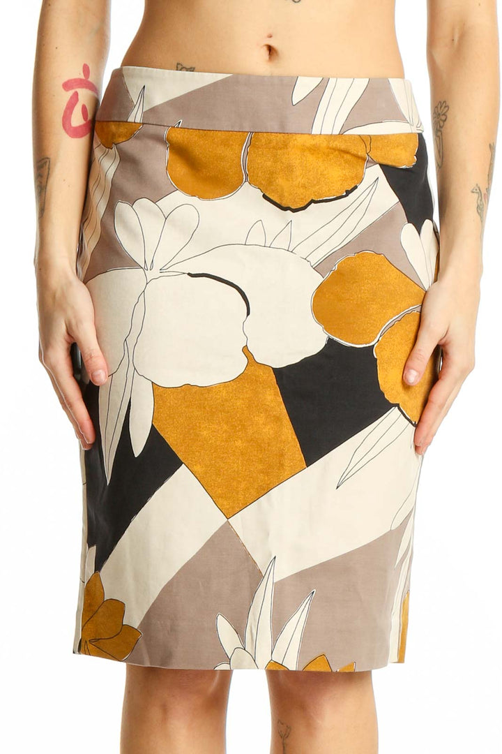 Front view of Ann Taylor mustard floral print pencil skirt