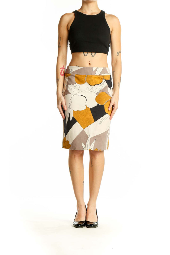 Front view of Ann Taylor mustard floral print pencil skirt