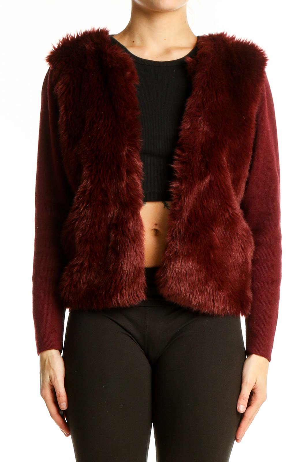 Front view of Banana Republic burgundy faux fur jacket with knit sleeves