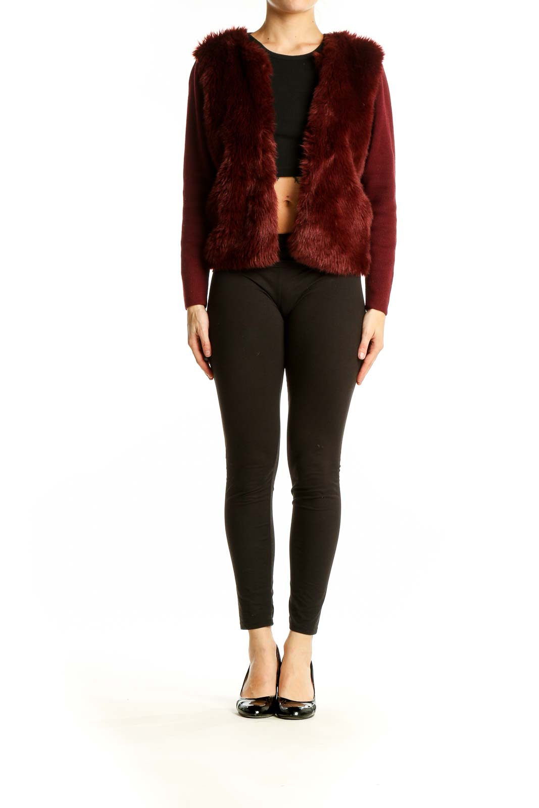 Front view of Banana Republic burgundy faux fur jacket with knit sleeves