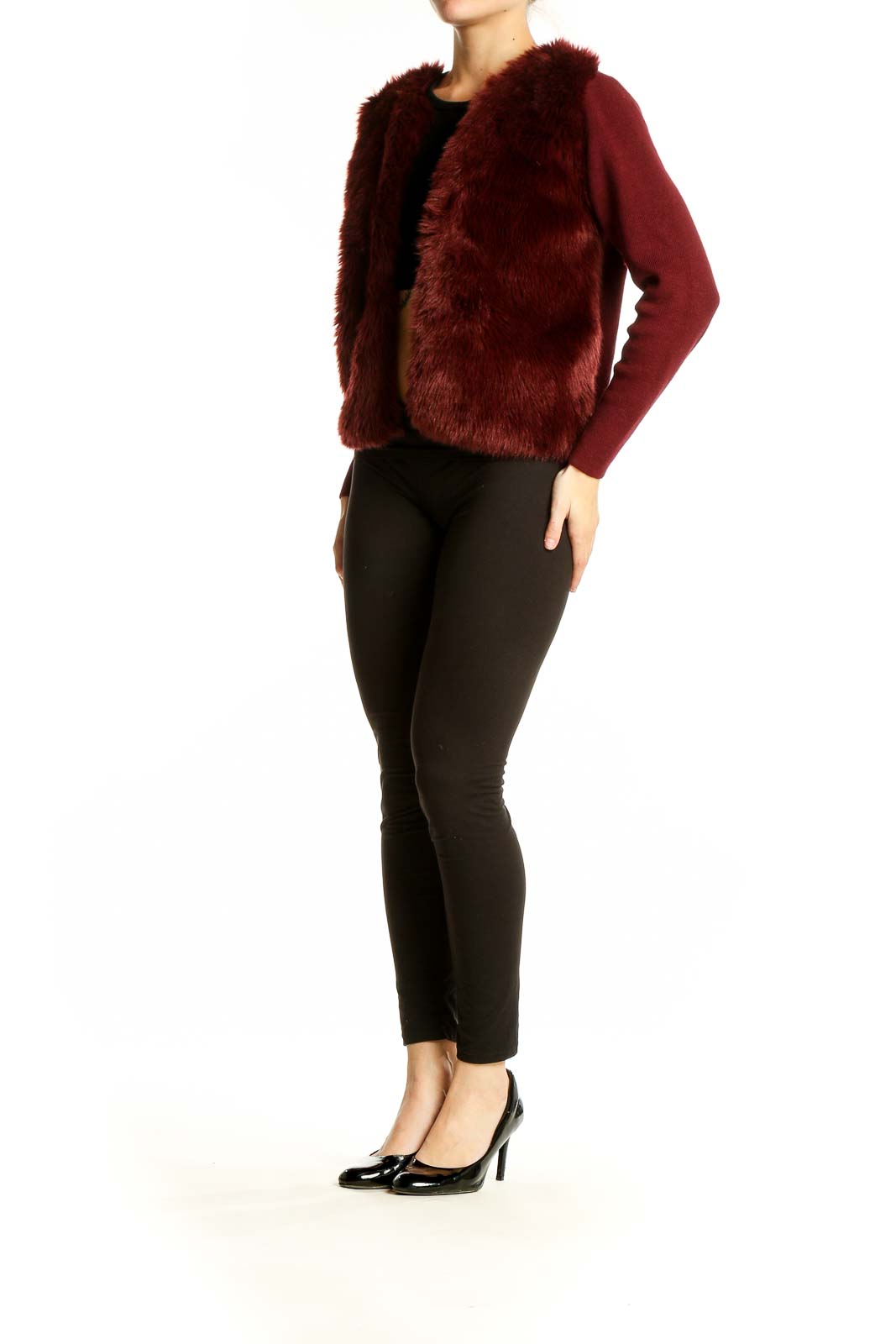 Front view of Banana Republic burgundy faux fur jacket with knit sleeves