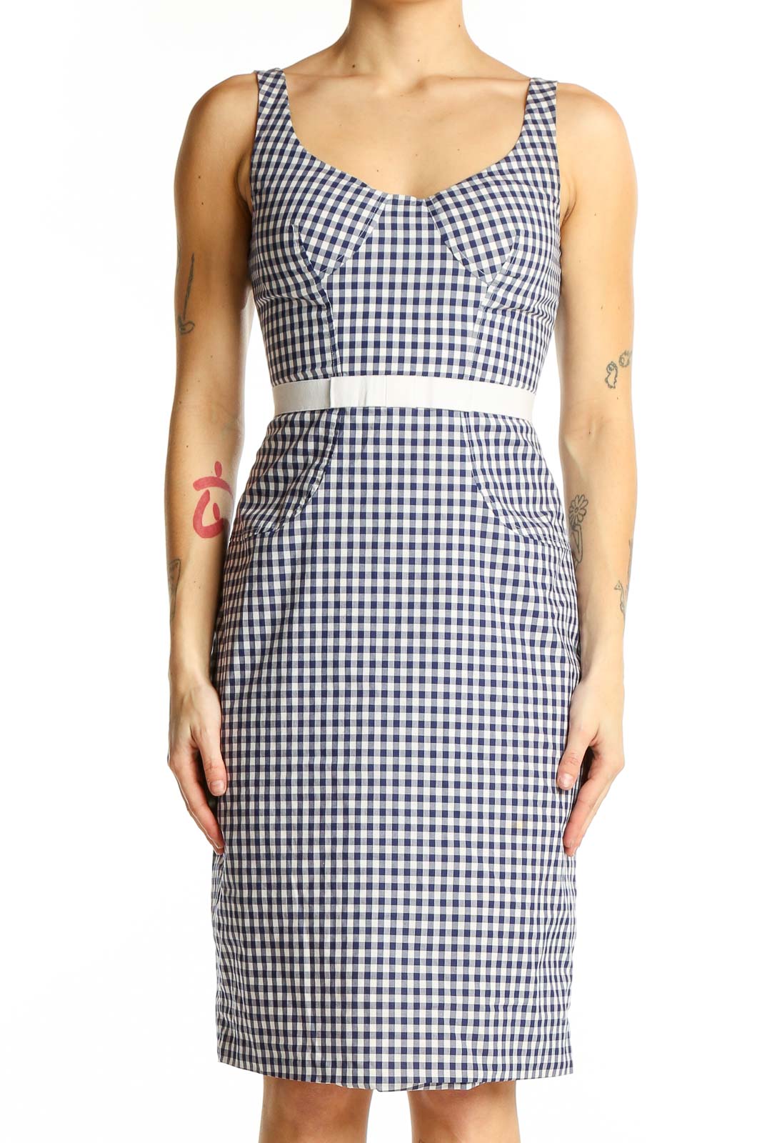 Front view of Altuzarra navy and white gingham sleeveless dress with white belt