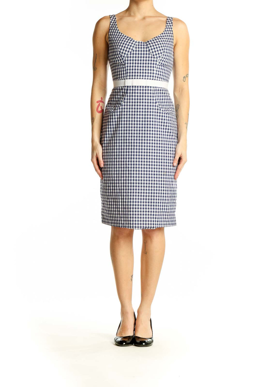 Front view of Altuzarra navy and white gingham sleeveless dress with white belt