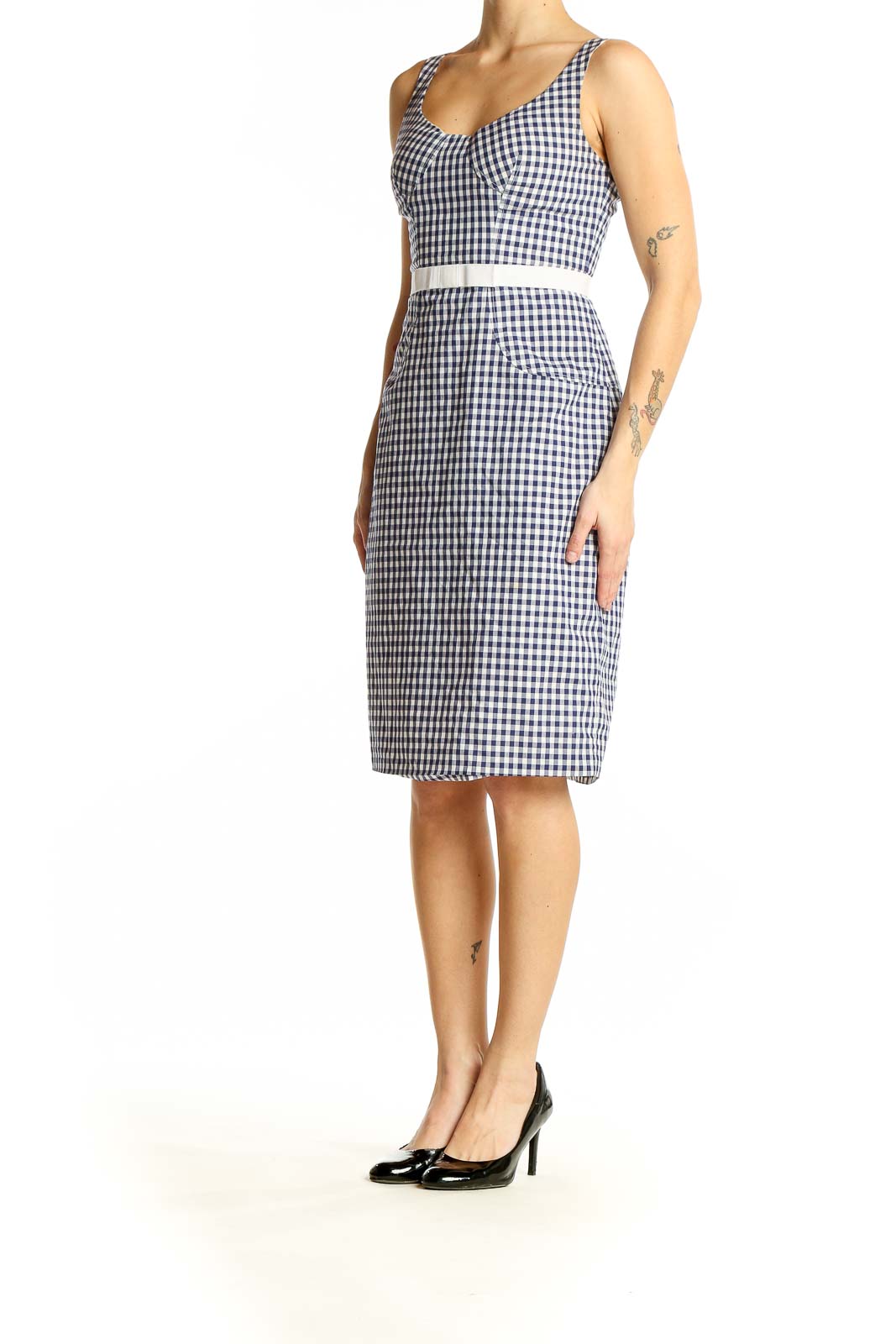 Front view of Altuzarra navy and white gingham sleeveless dress with white belt