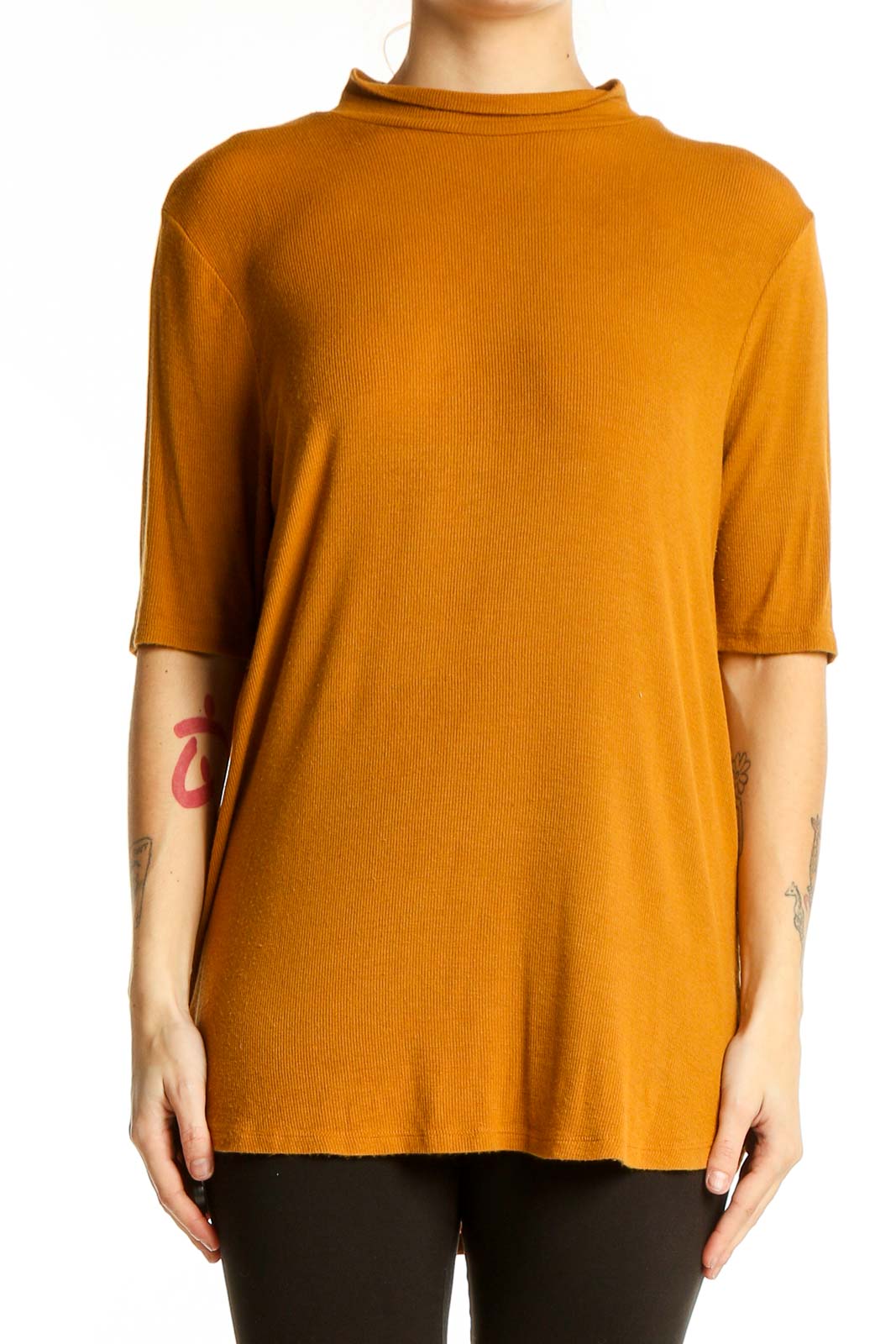 Front view of Simply Vera Vera Wang mustard mock neck elbow-sleeve top