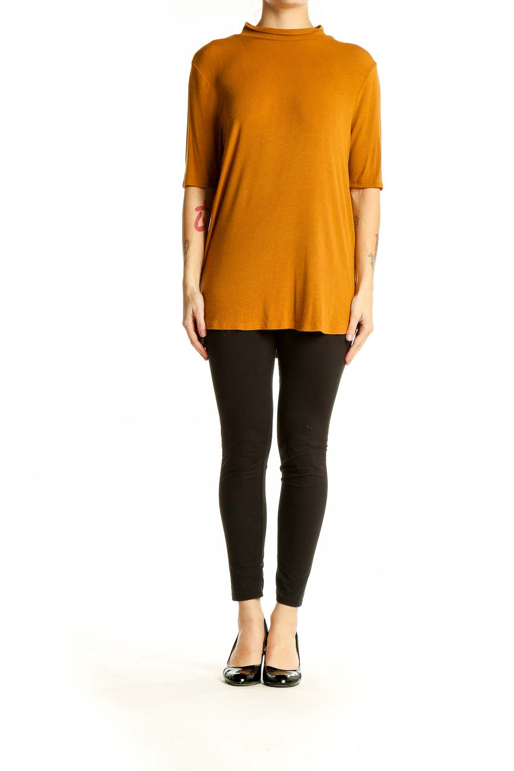 Front view of Simply Vera Vera Wang mustard mock neck elbow-sleeve top