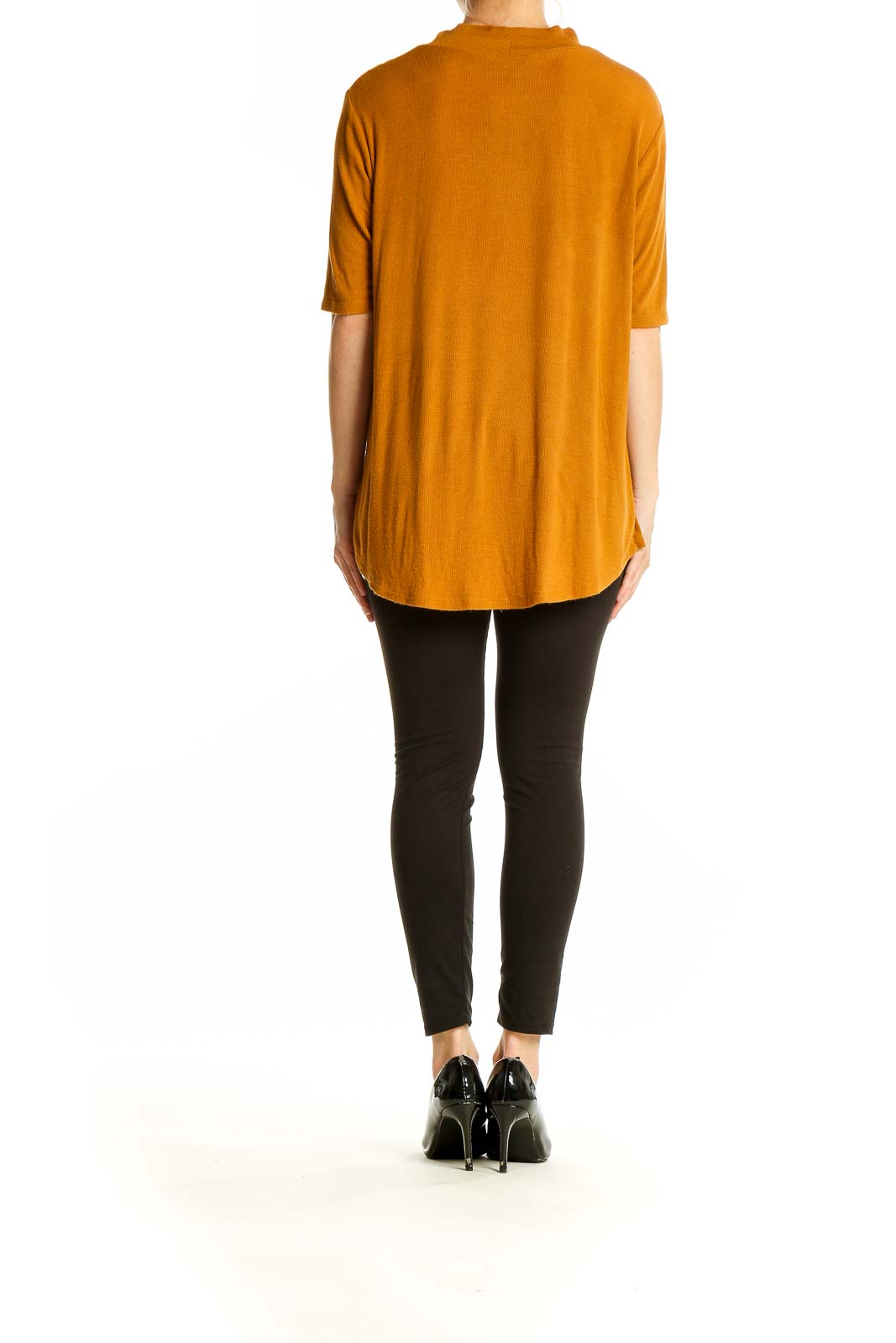 Back view of Simply Vera Vera Wang mustard mock neck elbow-sleeve top on model