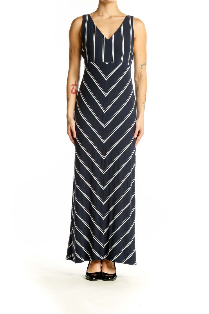 Front view of Athleta navy striped V-neck maxi dress with chevron pattern