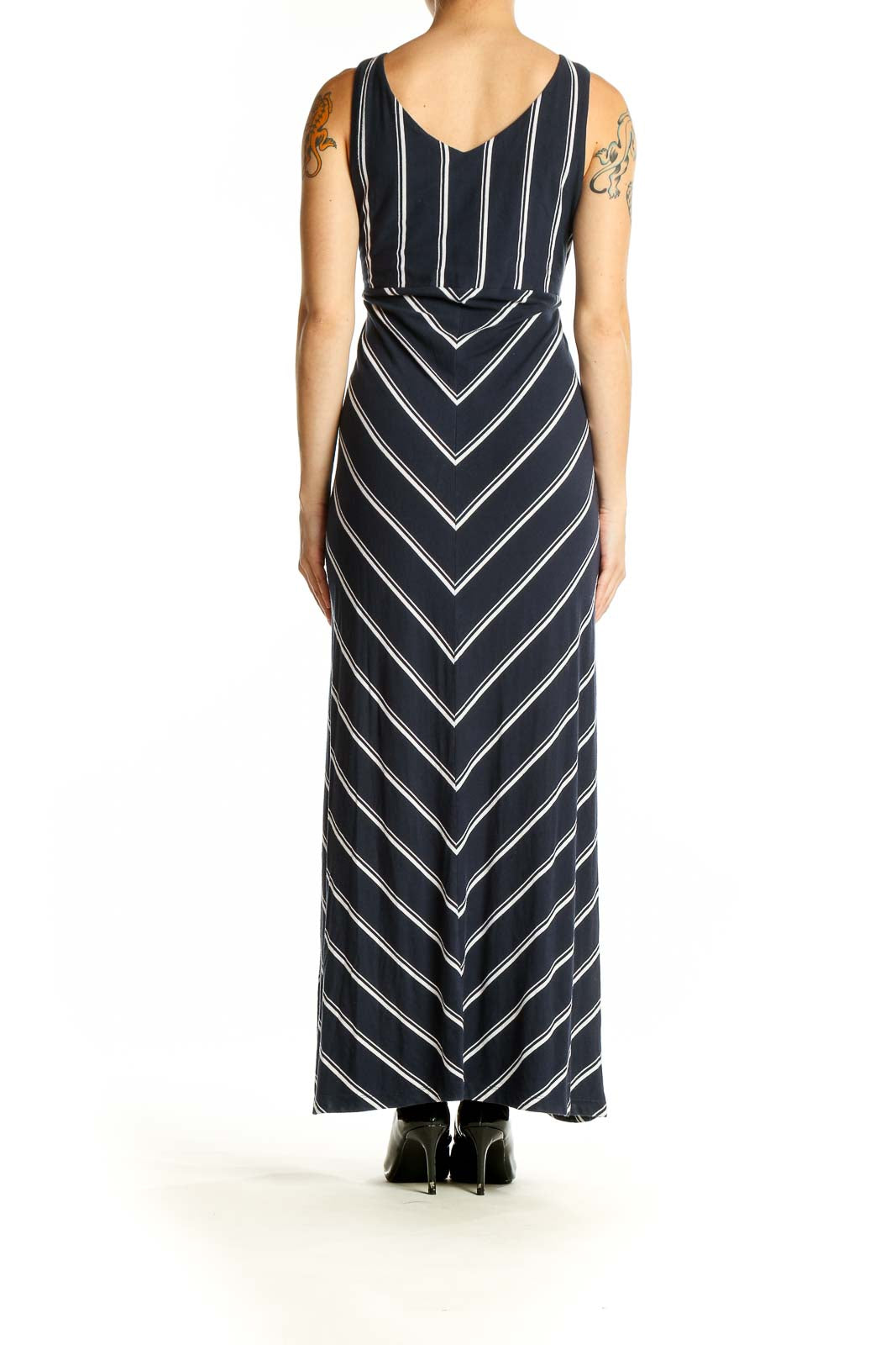 Back view of Athleta navy striped V-neck maxi dress showing full length