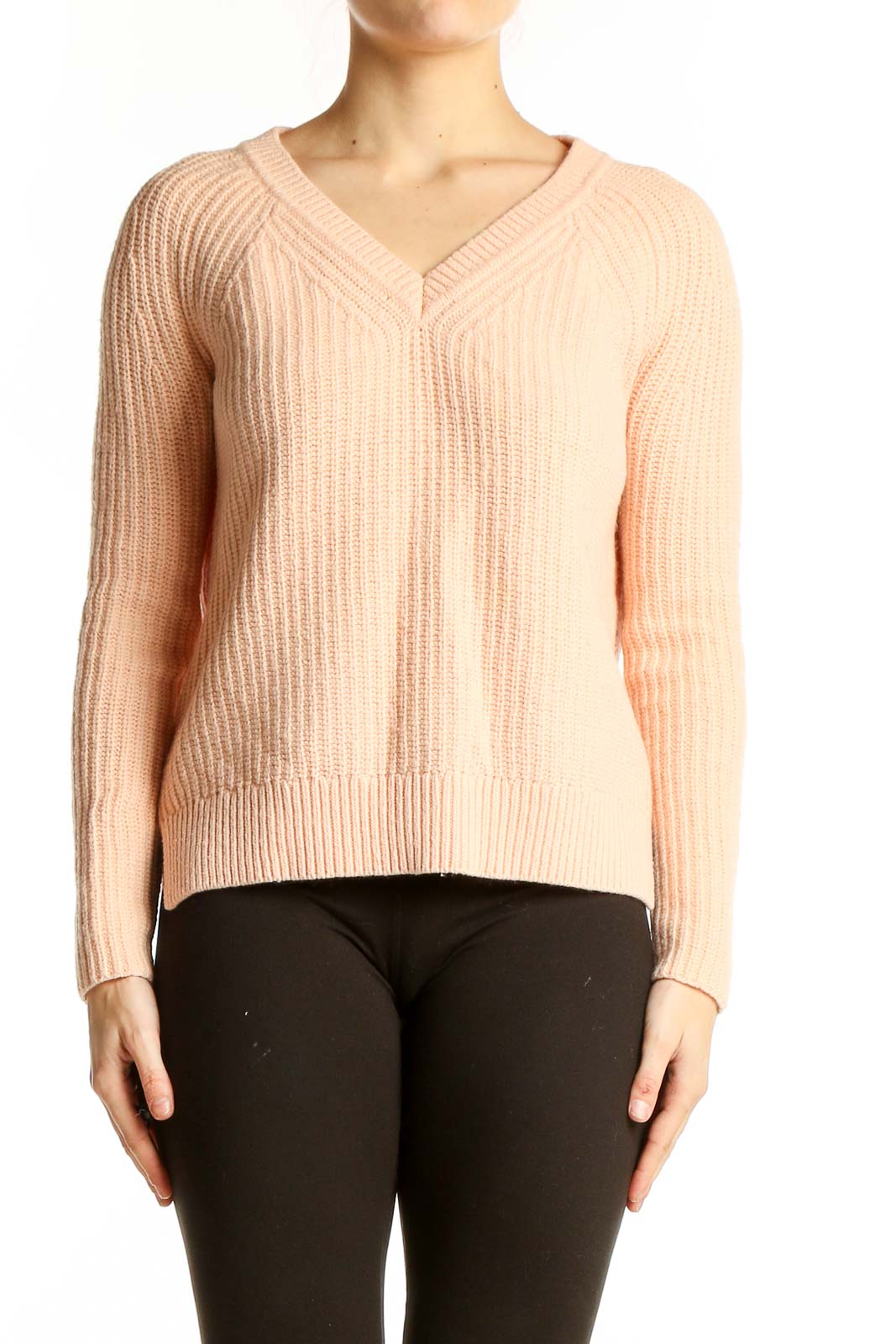 Front view of peach ribbed V-neck sweater from Ann Taylor