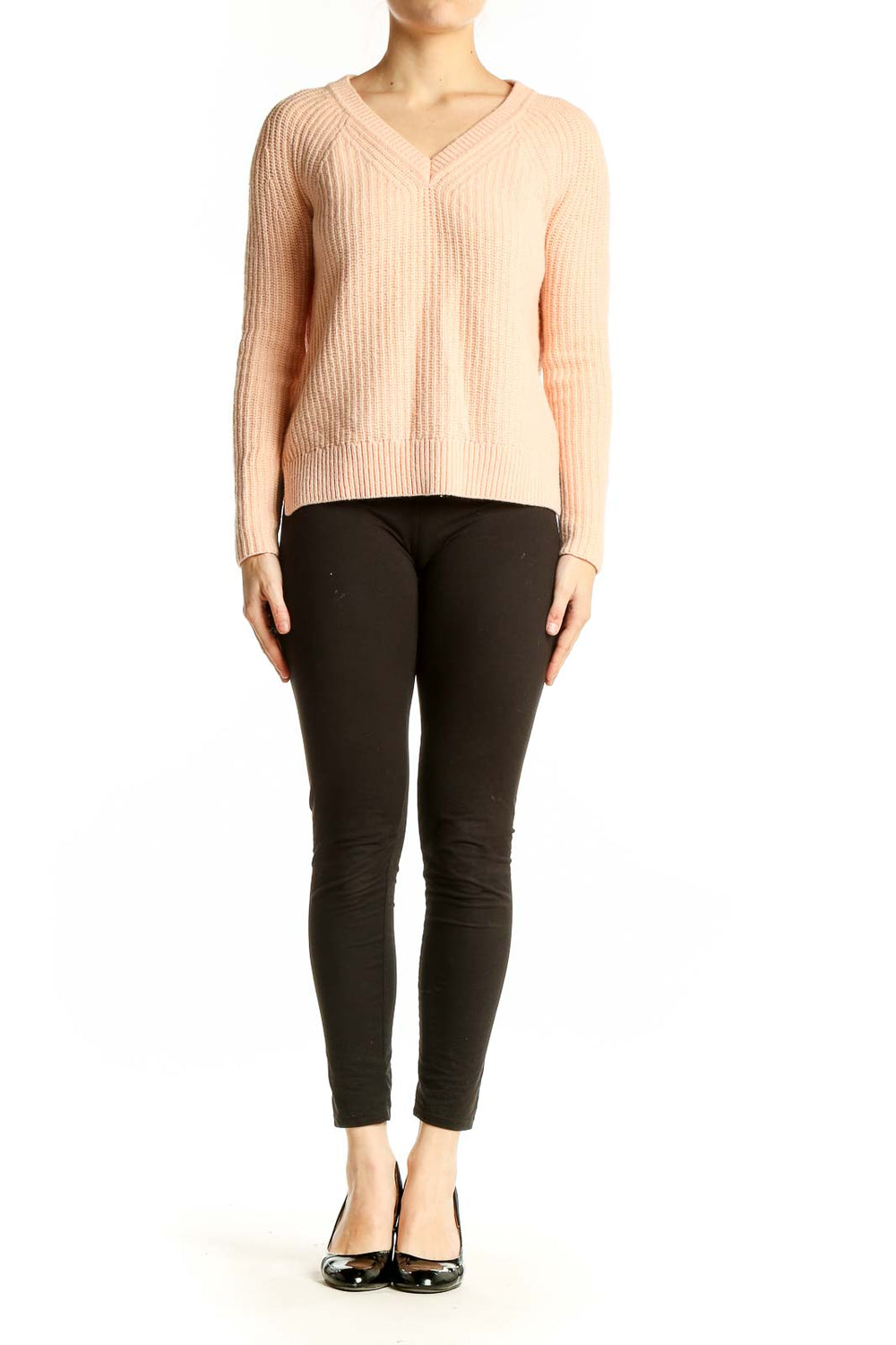 Front view of peach ribbed V-neck sweater from Ann Taylor